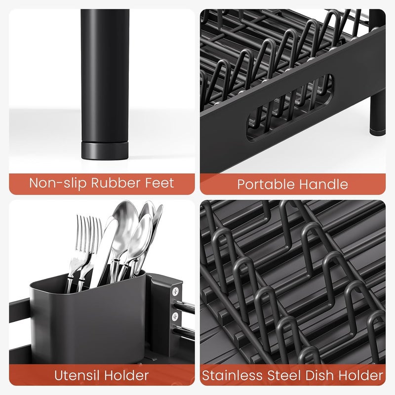 TOOLF Dish Drying Rack with Drainboard, Extendable Dish Rack for Kitchen Counter, Expandable Dish Drainer, Dish Strainer, Foldable Home Countertop Plate Storage Rack with Cutlery Holder, Black - Image 5